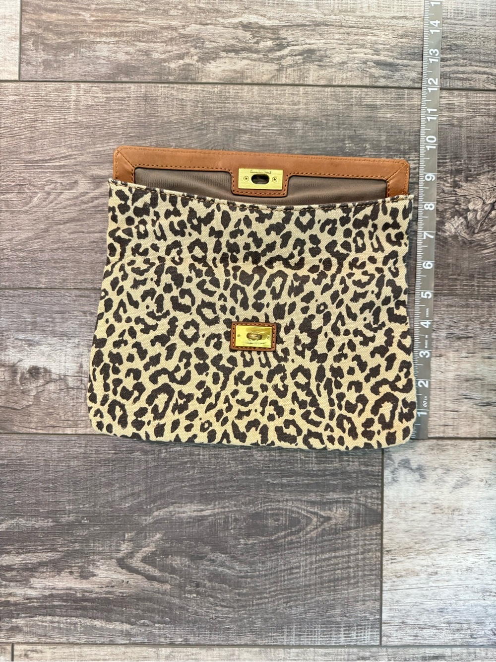 J. Crew Leopard Print Canvas Clutch with Brown Trim and Gold Hardware - Picture 10 of 10